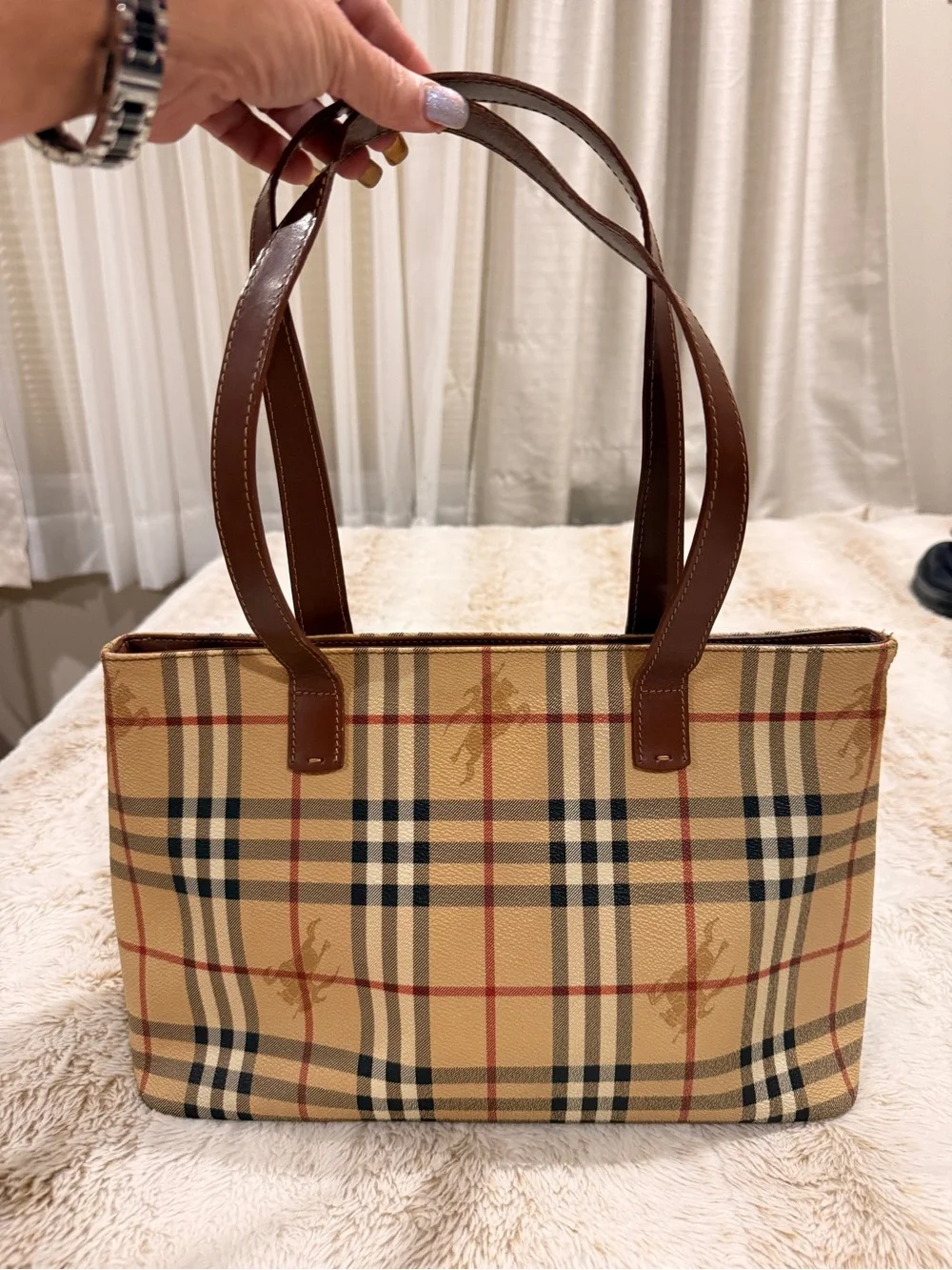 Burberry London Nova Check Tote Bag Brown Leather Vintage Shoulder Bag